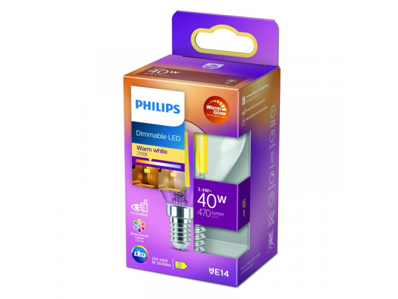 LED E14 3,4W (40W) 2200-2700K 470lm 90CRI 15000h filament átlátszó KISGÖMB Dimm. CONSUMER