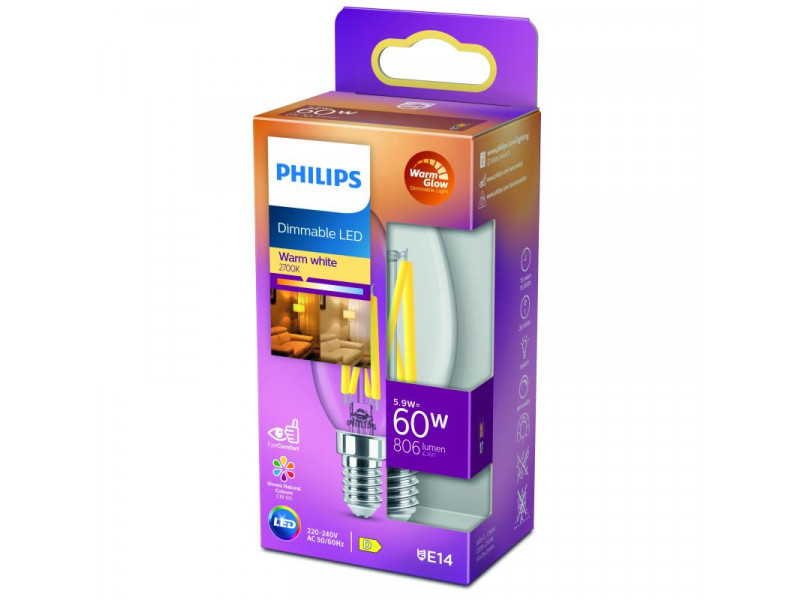 LED E14 5,9W (60W) 2200-2700K 806lm 90CRI 15000h filament átlátszó GYERTYA Dimm. CONSUMER