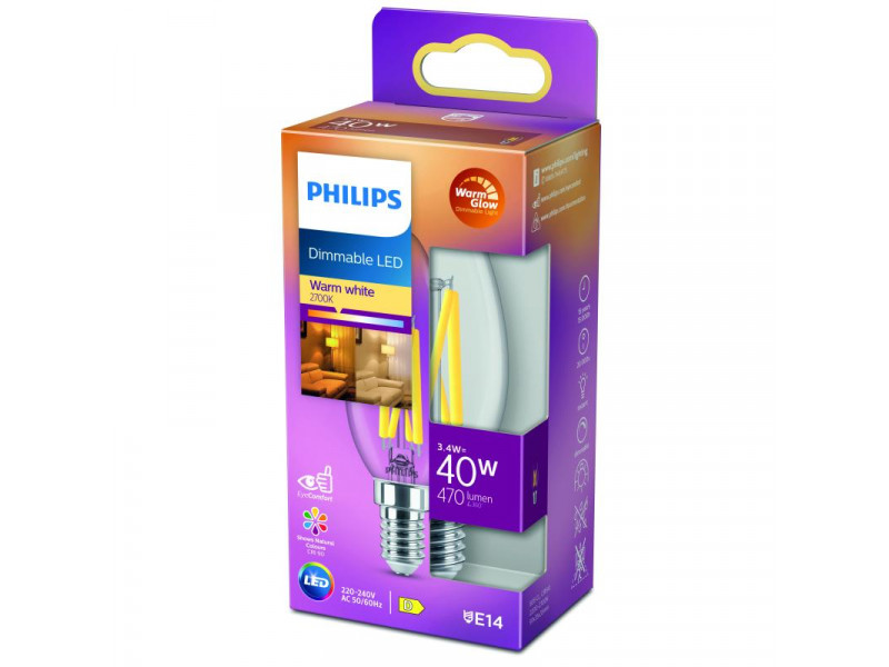 LED E14 3.4W (40W) 927 2200-2700K 470lm WG filament átlátszó GYERTYA Dimm. 8719514324213 CONSUMER